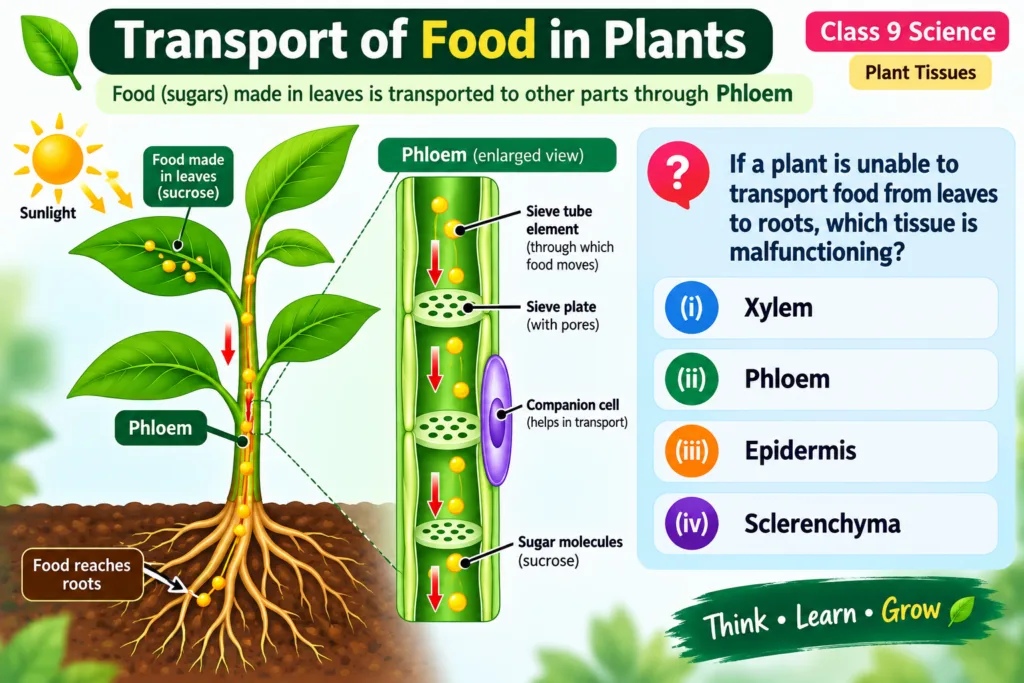 If a plant is unable to transport food from leaves to roots, which tissue is malfunctioning?