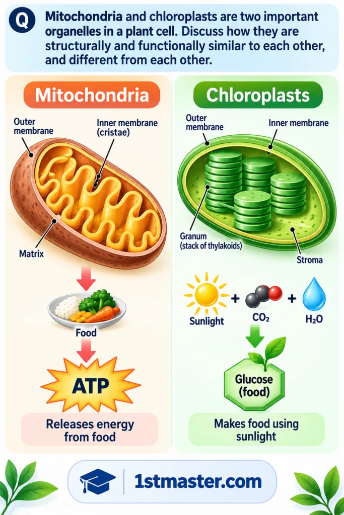 Mitochondria and chloroplasts are two important organelles in a plant cell. Discuss how they are structurally and functionally similar to each other, and different from each other