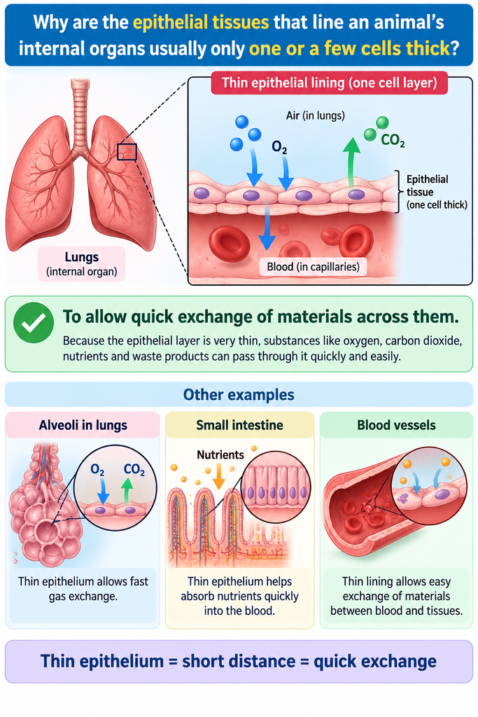 Why are the epithelial tissues that line an animal’s internal organs usually only one or a few cells thick
